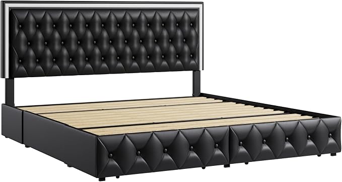 Keyluv Queen Size LED Bed Frame with 4 Storage Drawers and Adjustable Headboard, PU Leather Upholstered Button Tufted Modern Platform Bed, Solid Wooden Slats Support, Easy Assembly, Black