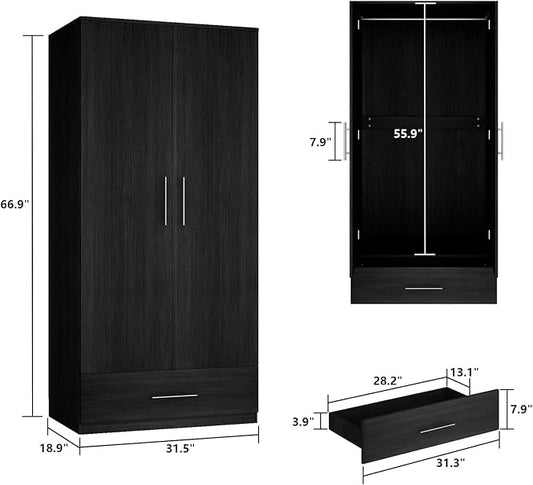 AIEGLE 2 Doors Wardrobe Armoire with Drawer, Freestanding Armoire Wardrobe Closet with Hanging Rod, Bedroom Wood Clothes Storage Cabinet Organizer in Black(31.5" W x 18.9" D x 66.9" H)