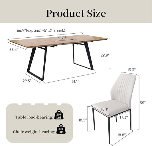 ZckyCine 51‑67 Inch Expandable Dining Set with 6 PU Leather Chairs, Wooden Furniture for Small‑Size Homes