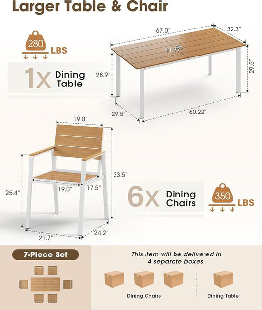 Outdoor Dining Set for 6, Aluminum Patio HDPS Outdooor Table and Chairs Set with Umbrella Hole, All Weather Patio Furniture Set, 7 Peice Patio Dining Table Set (White & Teak)