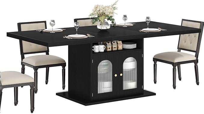 HSH Black Dining Table for 4 to 6, Modern Kitchen Dining Room Table with 3-Tier Storage Shelf and Acrylic Door Cabinet, Rectangular Wooden Dinner Tables for Home Kitchen Living Room, Black Oak,63 in