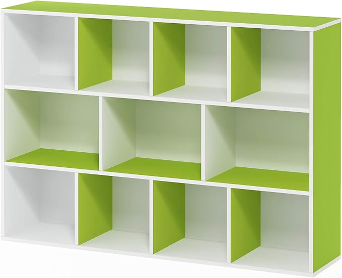 Furinno LUDER Book Shelf, 11-Cube Bookshelf, Reversible Bookcase, 9.4 x 29.1 x 41.7, Easy Assembly, for Living Room, Bedroom, Home Office, White/Green