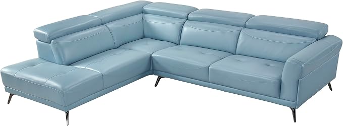 Lexicon L-Shaped Sectional Couch with Left Chaise, Top Grain Leather Match Sectional Sofa, Adjustable Headrests, Black Chrome Metal Legs, High-Density Cushions, Stitching, for Living Room, Blue