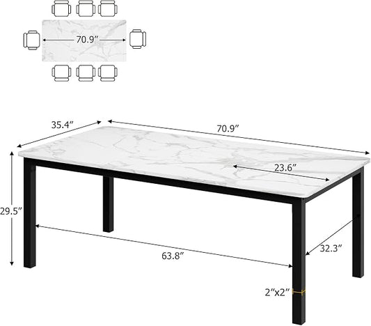 GarveeHome 70.8 in Industrial Dining Table for 6, Wooden Long Dinner Table with Mortise Tenon Design, Kitchen Table with Sturdy Metal Legs, for Dining Room Home Office Living Room, White