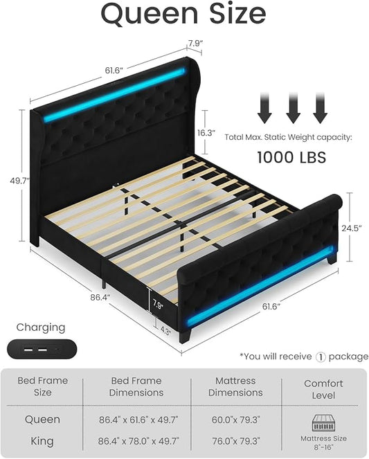 Belffin Queen Size Bed Frame with Headboard,50" Tall Headboard Upholstered Velvet Platform Bed with LED Lights & 2 USB Port/1 Type C Port, Button Tufted, No Box Spring Needed,Noise Free,Black