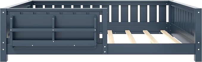 Bellemave Full Size Floor Bed with Slats and Guardrails, Full Size Montessori Floor Bed with Bookcase and Fence, Low Profile Montessori Beds for Kids, Blue Floor Beds Frame