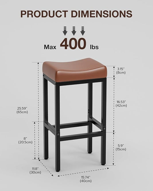 Bar Stools Set of 3-24 Inch Counter Height Chairs for Kitchen Island, Leather Seat with 400 LBS Heavy-Duty Metal Frame and Adjustable Feet, Easy to Assemble for Bar, Café or Dining Room,Brown
