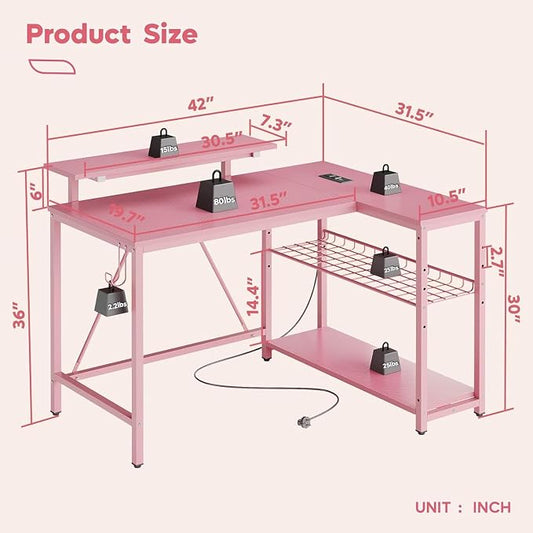 Bestier Pink Computer Desk with Power Outlets,42 LED Small Gaming Corner Desk with Reversible Storage Shelves,L Shaped Desk with Headset Hooks Studying and Workstation Desk for Office and Bedroom