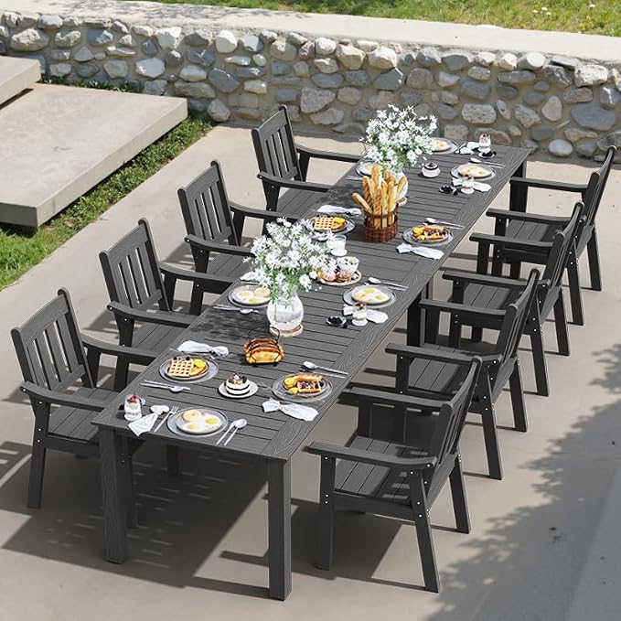 YEFU HIPS Patio Table Set: 10 Piece Outdoor Table and Chairs Dining Furniture Set with Umbrella Hole - Gray Modern Plastic Dining Sets 8 Person for Outside Deck with Metal Aluminum Frame