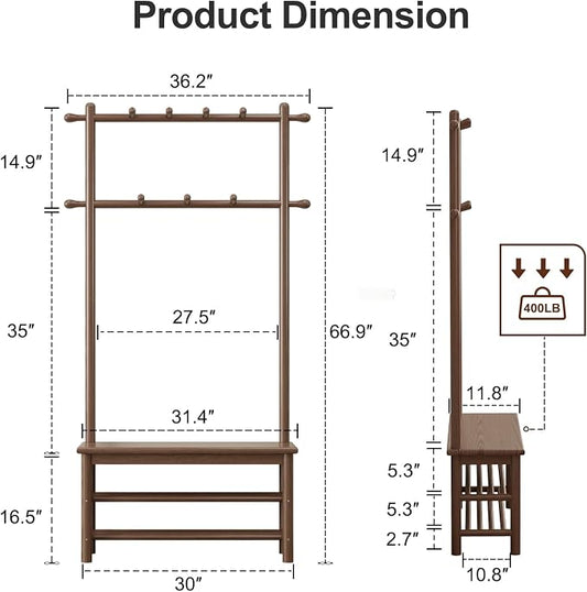 AQIMUELE Coat Rack with Shoe Storage, Wooden Hall Tree with Bench, 11 Hooks and 2-Tier Storage Shelves, 3-in-1, Entryway Bench with Coat Rack (31.5"-Walnut)