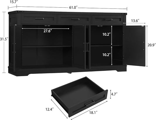 usikey Buffet Cabinet, 61” Large Sideboard Buffet Storage Cabinet with 3 Drawers, Farmhouse Coffee Bar with 4 Doors, for Kitchen, Living Room, Black