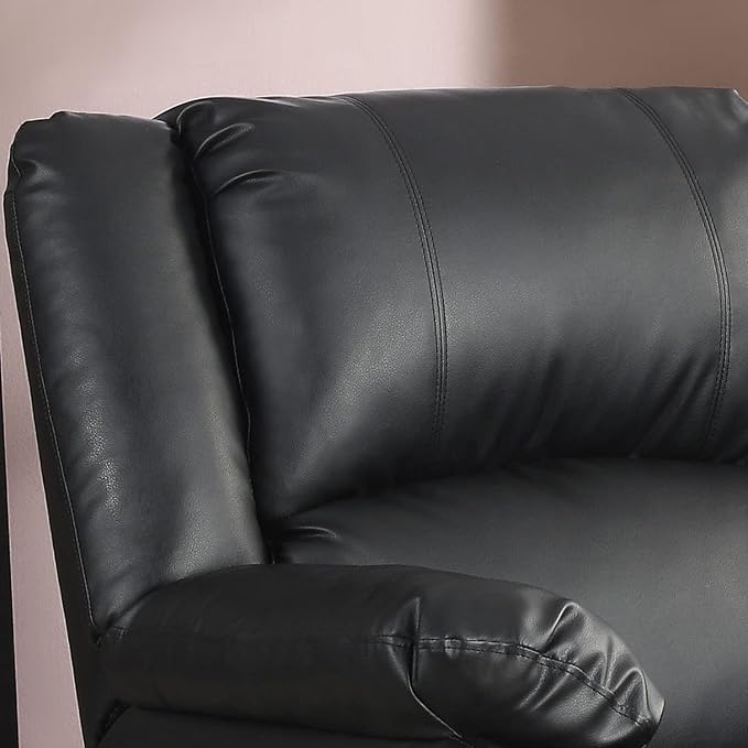 Warren 35.5" Manual Pull-Handle Recliner, Traditional Overstuffed, Pocket Coil Comfort, Black Metal Base Legs, Soft Vegan Leather Fabric, Black