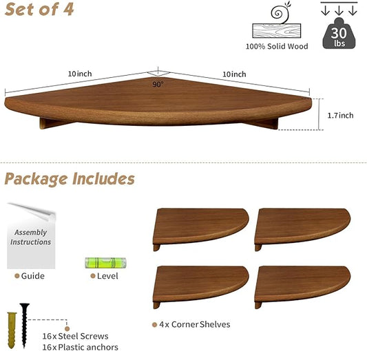 Forbena Walnut Brown Floating Corner Shelves for Wall 4-Pack, Small Corner Wall Shelves for Kids Room, Cute Wooden Hanging Corner Shelf for Bedroom Bathroom Decor, Living Room, Small Spaces
