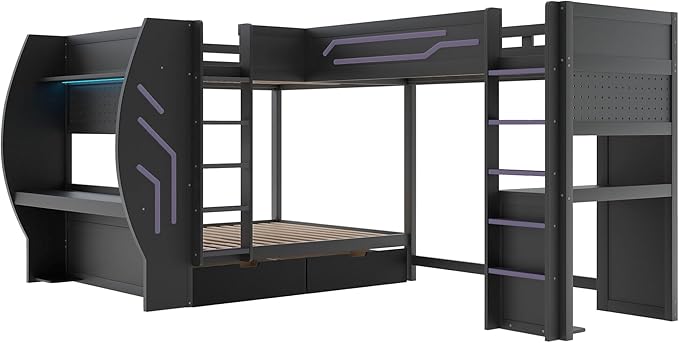 Twin&Full Over Full Triple Bunk Bed with Desk and Storage Drawers & LED,Charging Station,Solid Wood L-Shaped 3 Gaming Bunk Bed with Ladder,Guardrail,No Box Spring Needed (Black,Twin & Full Over Full)