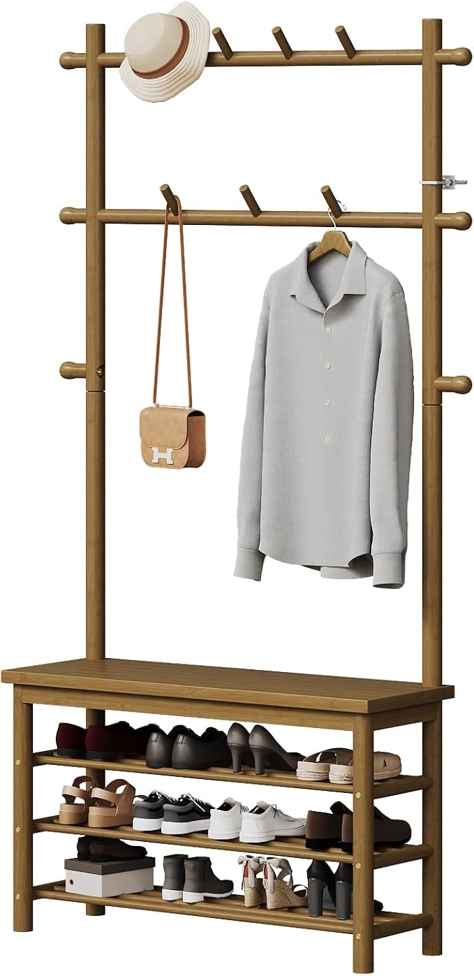 Bamboo Hall Tree with 13 Hook, 6-in-1 Entryway Bench with Coat Rack Freestanding, Coat Rack with Shoe Storage Bench Organizer for Mudroom, Bedroom, All-in-One Shoe Rack,Walnut