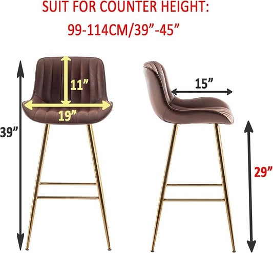 Sidanli Velvet Bar Stools Set of 2, Armless Bar Chairs with Gold Metal Legs, 29inch Counter Height Kitchen Island Stools with Back, Brown