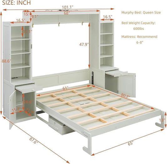 Merax Queen Size Murphy Bed with Desk and Lights, Power Outlet, Foldable Murphy Cabinet Bed with Open Storage Shelves & Drawers, Wood Space-Saving Hidden Wall Bed for Guest Room Office, Antique White