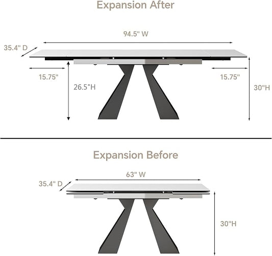 Extendable Dining Table for 8-12 Seat, Flexible Stretch, Tabletop Made from Rock Plate and Tempered Glass, Solid Carbon Steel Base, 35.4" D x 94.5" W x 30" H, White Top