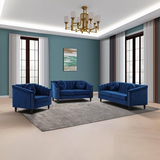 60" Loveseat Sofa, Microfiber Chesterfield Upholstered Sofas Love Seat, Couch Chair Sets with Style Button Tufted, Scroll Arms and Nailhead for Living Room, Office, Blue