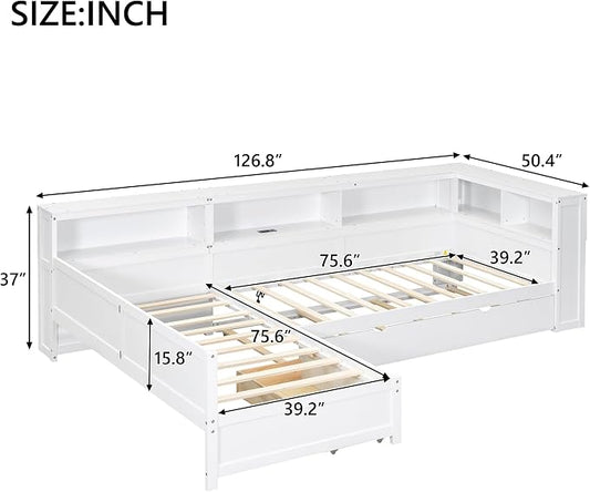 Bellemave L Shaped Corner Bed for 2 Kids, Double Twin Platform BedFrame with Trundle and 5 Storage Shelves, Charging Station, White