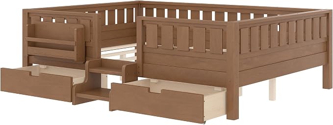 Bellemave Queen Size Kids Bed with high Rails and with Built-in Bookshelf and Drawers for Kids, Girls, Boys, Wood Montessori Bed Without Door, Natural
