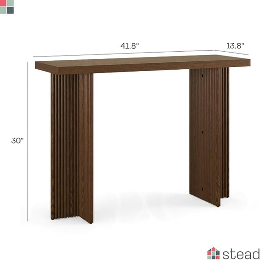 Stead Fluted Console Table - Slim Entryway Table for Narrow Hallways - Natural Wood Console with Curved Cross Base & Mid-Century Modern Style - Walnut