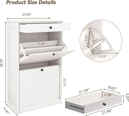 FTZxHKLX Shoe Cabinet with 2 Flip Drawers, Slim Freestanding Hidden Shoe Organizer with Drawer, Pet-Proof Shoe Storage Cabinet for Entryway Living Room Behind The Door, White