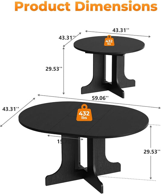 Zevemomo 43"-59" Round Extendable Dining Table for 4-6, Black Expandable Dining Room Table with Removable Self, Metal Reinforced Cross Base, Modern Oval Kitchen Table for Small Spaces, Easy Assembly