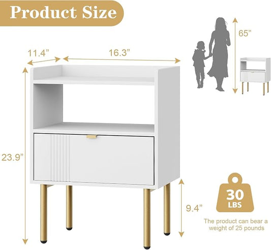 Nightstand, Mid-Century Modern Night Stand Table with Storage Drawer and Open Wood Shelf, Side End Table with Sturdy Metal Legs Small Spaces (White)