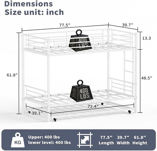 Metal Triple Bunk Bed, Twin Over Twins with Trundle, Heavy Duty Beds Frame with Ladder and Safety Rails for Small Bedroom, Space-Saving Noise Free (White)