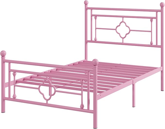 Allewie Twin Size Metal Platform Bed Frame with Victorian Vintage Headboard and Footboard/Mattress Foundation/Under Bed Storage/No Box Spring Needed/Noise-Free/Easy Assembly, Pink
