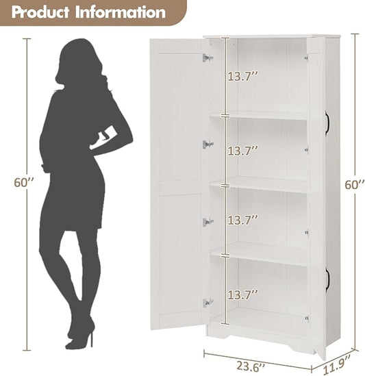 IDEALHOUSE Tall Pantry Cabinet, 60" Kitchen Pantry Storage Cabinet with 2 Doors and Adjustable Shelves, Freestanding Kitchen Cabinet, Cupboard for Dining Room, Bathroom (White)