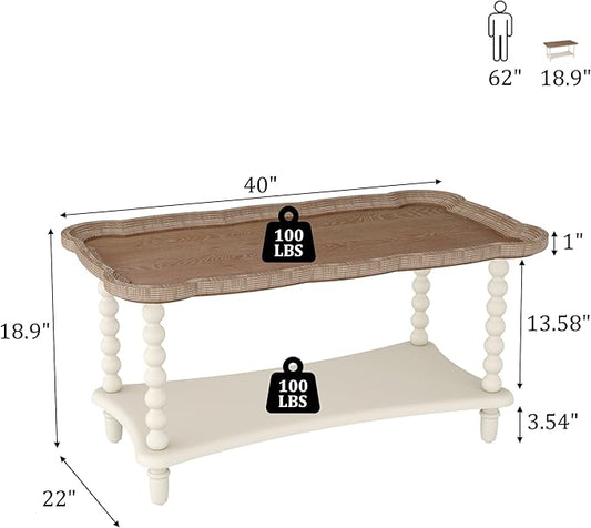 Function Home Farmhouse Coffee Table, 2-Tier Center Table with Storage Shelf, 39.8" French Country Rectangle Accent Table with Natural Tray Top and Spindle Legs for Living Room Balcony, Antique White