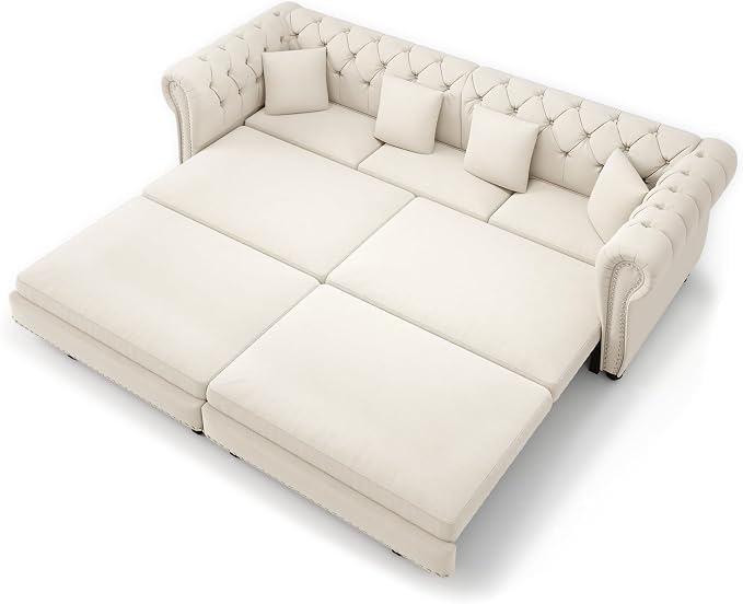 89'' Pull Out Sofa Bed King, Chesterfield Velvet Sleeper Sofa, Convertible L-Shaped Futon Couch, Tufted Back, 4 Pillows, Ottoman, Deep Seat Loveseat Couches for Living Room, Apartment, Beige