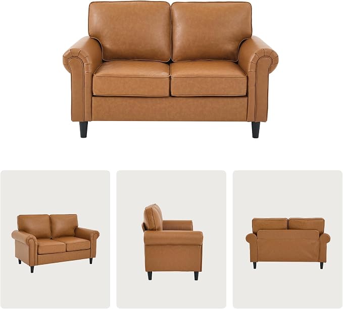 Kingfun Loveseat 2 Seater Couch, Mid Century Modern Faux Leather Sofa with Rolled Arms and Deep Seats, Fluffy Comfort for Living Room, Apartment, Easy Assembly, Brown