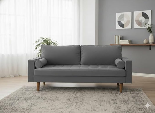Container Furniture Direct Womble 58 Inch Velvet Loveseat Sofa with Elegant Button Tufted Upholstery, Square Arms, Splayed Wood Legs, Includes Matching Bolster Pillows, Grey