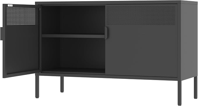 Black Metal Storage Cabinet with 2 Doors - 25''H TV Stand, 2 Tier Locker with Adjustable Shelves, Multipurpose TV Cabinet for Office, Home, Living Room, Kitchen
