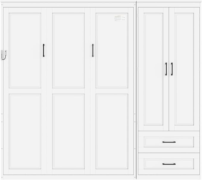 Merax Farmhouse Multi-Functional Murphy Bed with Wardrobe & Drawers,White | Queen Size Foldable Wall Platform Bed Upholstered Headboard for Guest-Room, Bedroom/ Space Saving