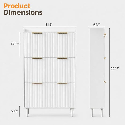 VINGLI White Fluted Shoe Storage Cabinet for Entryway with 3 Flip Drawers, Narrow Shoe Organizer with Fluted Panel, Modern Freestanding Wood Shoe Cabinet for Foyer, Hallway (White, 3 Flip Drawers)