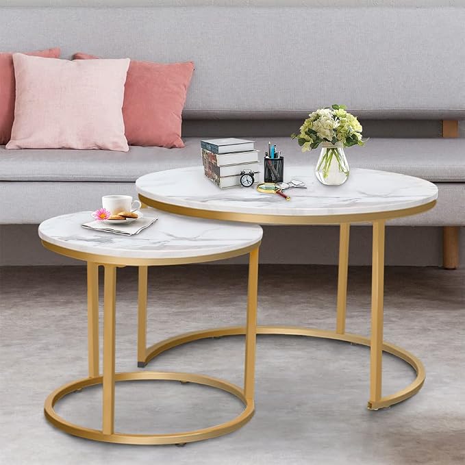 Garden 4 you Nesting Coffee Table Faux White Marble for Small Place 2 Sets Modern Furniture Living Room Sets End Side Table Night Stand for Bed Room Dining Room