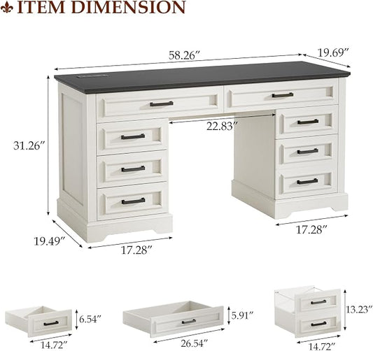 58" Executive Desk with 7 Drawers, Large Computer Desk with Charging Station , Wood Home Office Desk with File Drawer for Letter/A4 Size Hanging Files for Home Office,Rustic White and Rustic Black
