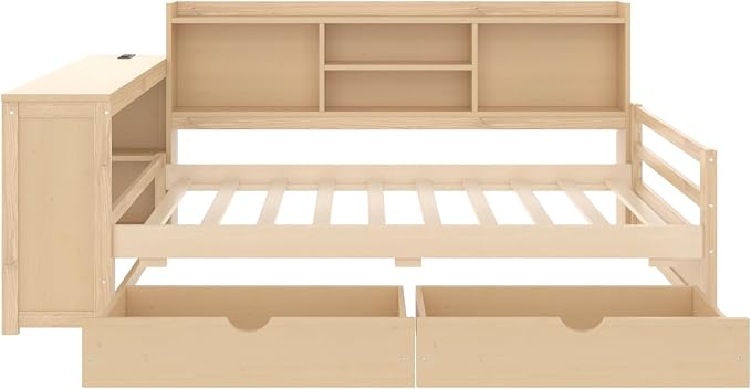 Bellemave Twin Corner Bed Frame with Desk and Storage Shelves,Charging Port, Wood Twin Size Daybed with Bookcase and Drawers, Natural Color