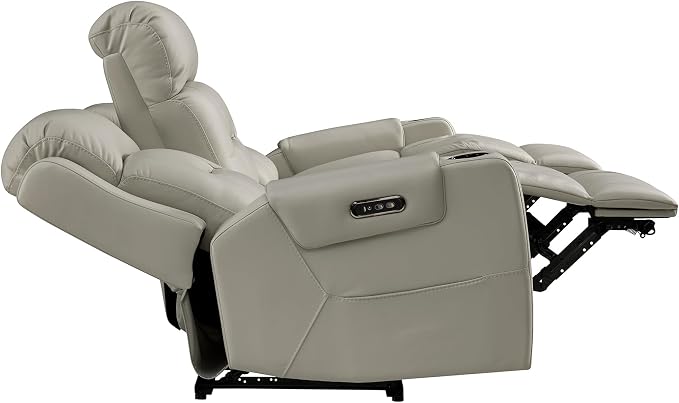 Watson & Whitely Genuine Leather Power Reclining Sofa, 3-Seater Lay Flat Recliner Sofa with Power Headrest, Cup Holders, USB & Type-C Ports, Electric Reclining Couch for Living Room, Grey