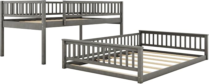 Full XL Over Queen Bunk Bed with Safety Guardrails, Solid Wood Floor Bunk Bed Frame with Sturdy Slat Support for Kids Teens Adults, Detachable Design (Grey-tra)