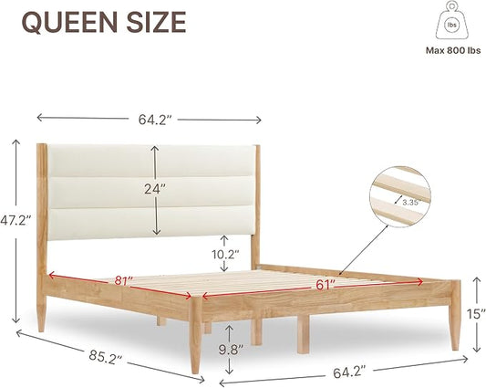 KISLOT Wood Bed Frame with Upholstered Headboard Wooden Platform with Silent Slat Support Mattress Foundation No Box Spring Needed, Easy Assembly