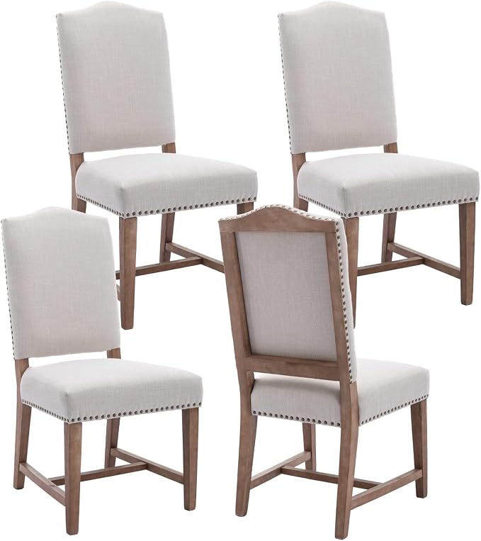 ROCITY Linen Dining Chairs Set of 4 Beige Upholstered Dining Room Chairs Farmhouse Kitchen Side Chairs with Wooden Legs&Nailhead Trim