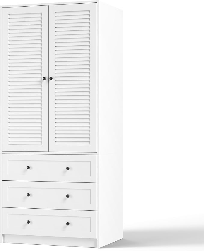 GarveeHome Armoire Wardrobe Closet with Drawers, 69.5 in Wooden Wardrobe Cabinet with Hanging Rod, 2 Doors Clothing Storage Cabinet for Bedroom, Large Capacity Storage, Louvered Door, White
