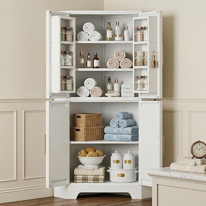 Corner Cabinet, Metal Storage, Kitchen Pantry Cabinet with Adjustable Shelves & Spice Rack, Tall Freestanding Corner Pantry with Shaker Doors & Gold Handles for Kitchen, Bathroom, Living Room (White)