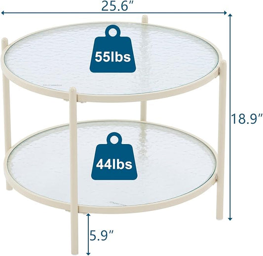 VINGLI 25.6" Small Cream White Round Coffee Table Water-Wave Glass Circle Clear Coffee Table, Center Table with 2-Tier Modern Storage Design for Living Room, Bedroom, Meeting Room, Balcony, Beige