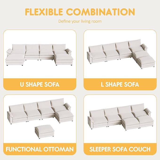 Homall 159" Modular Sectional Sofa, U Shaped Sofa Couch with Reversible Ottoman, DIY Combination Chenille Deep 4-Seat Cloud Couch for Living Room, Apartment (White, U Shaped Sofa)